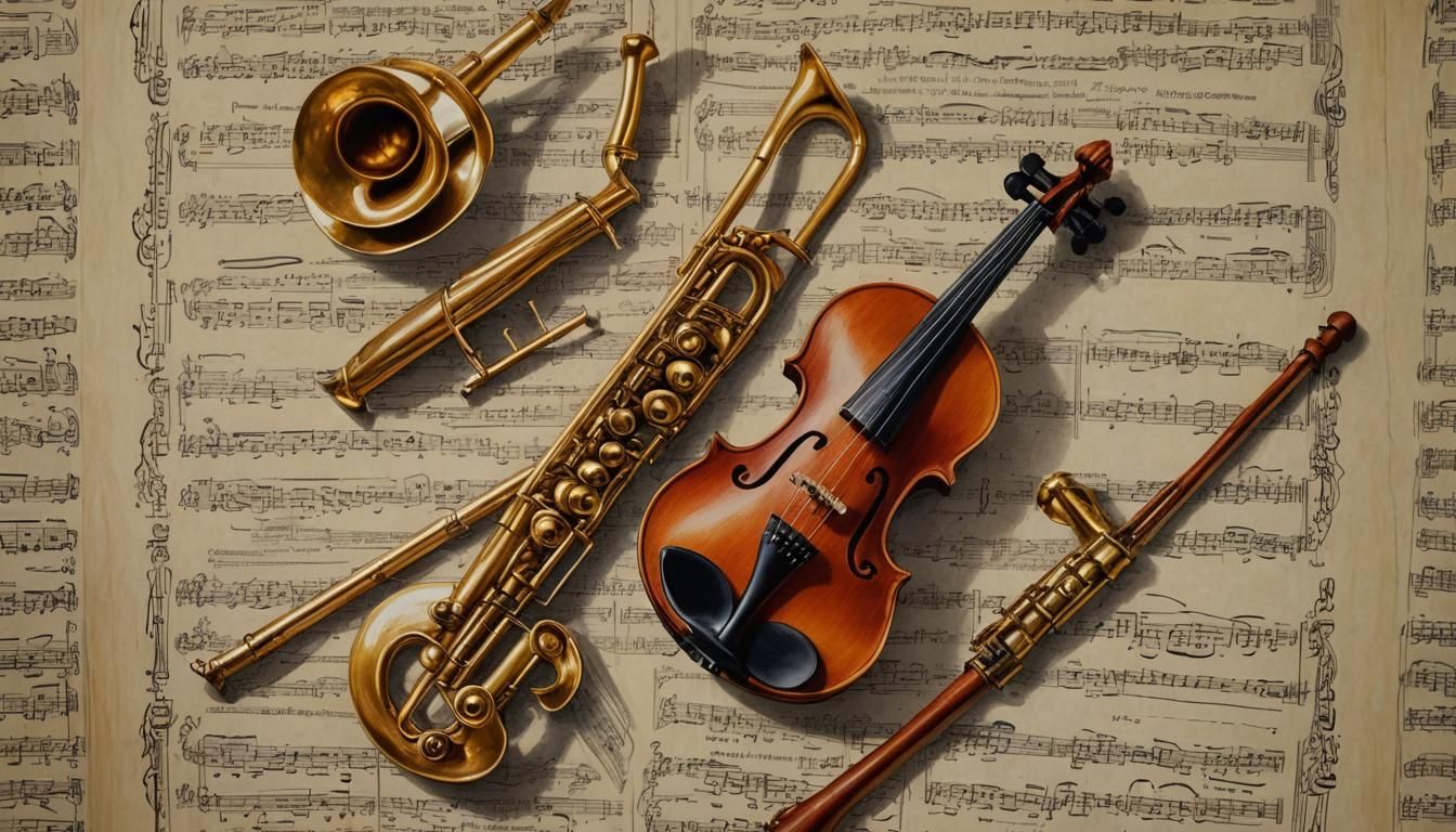 Musical Instruments in Pointillism Style Still Life