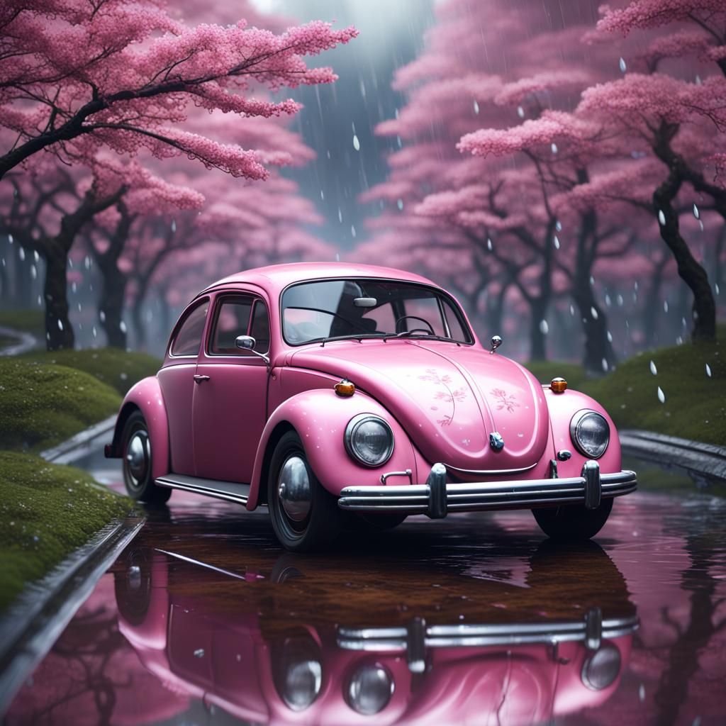 Pink Beetle in Rainy Cherry Blossom Scene