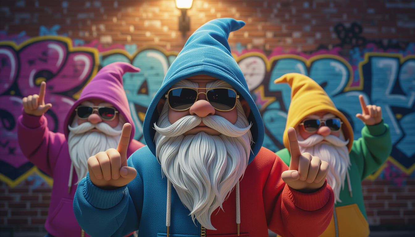 Tough Gnome Gang Throws Signs by Gritty Graffiti Wall