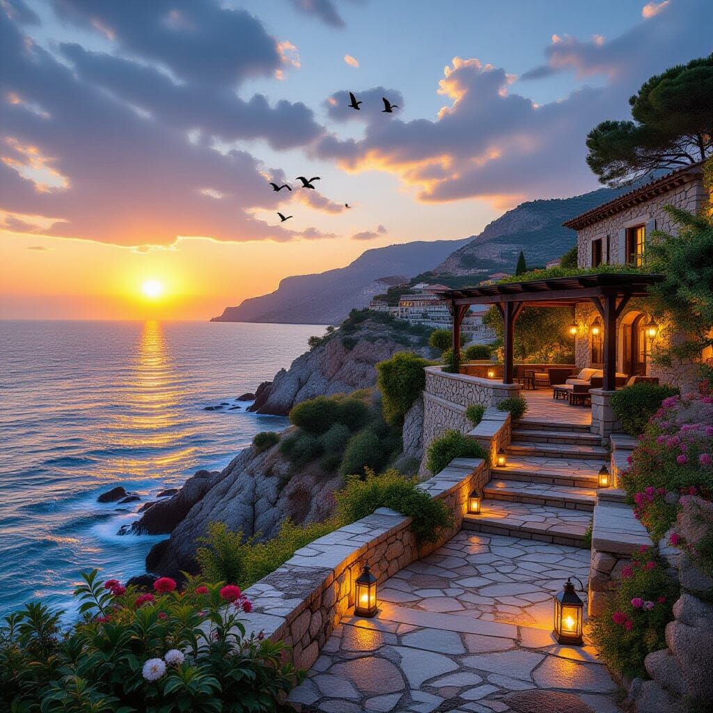 Seaside Villa on Rugged Cliffs at Sunset, Cinematic Mood