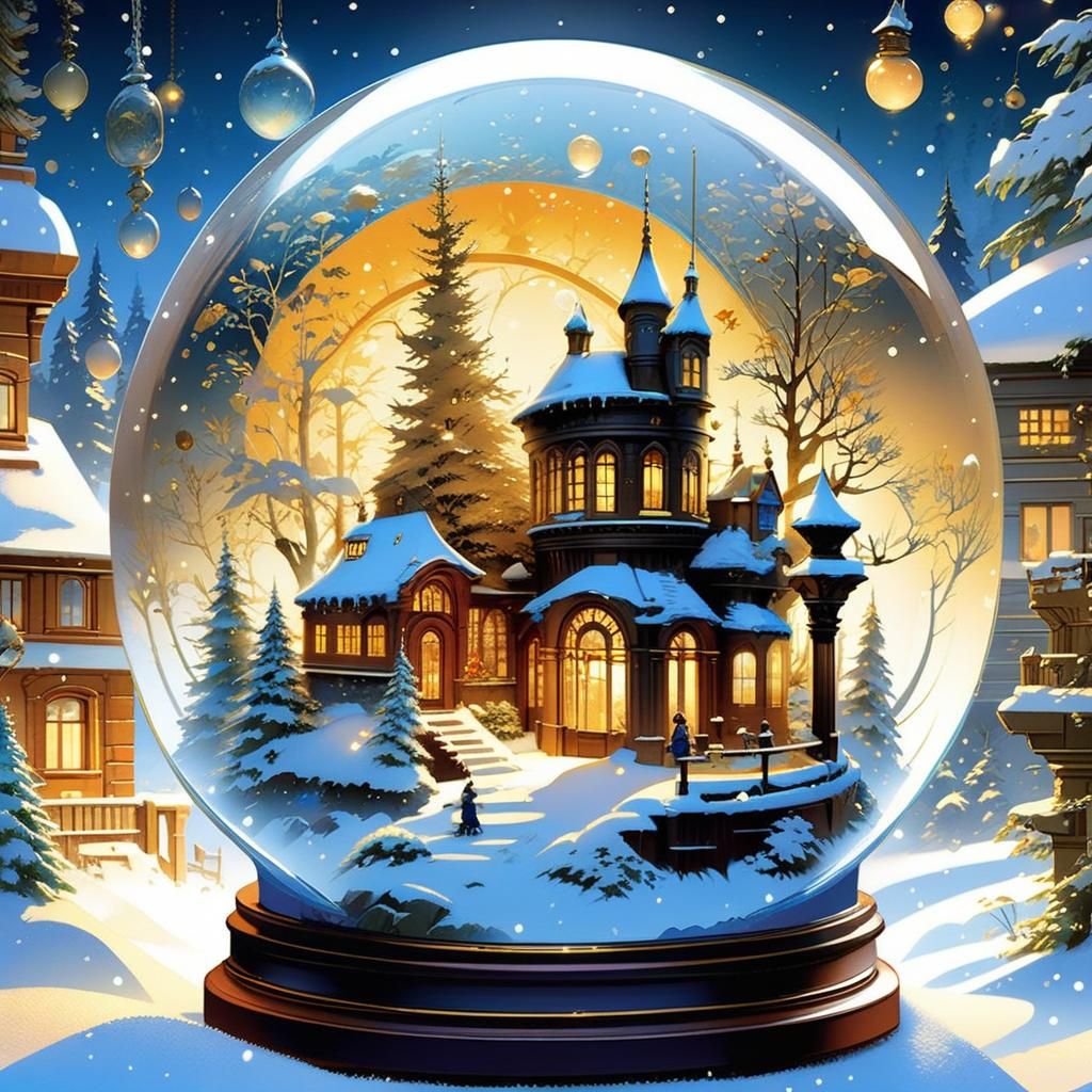 Micro Worlds in Snow Globes: Detailed Illustration