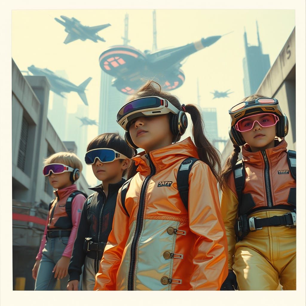 Epic 80s Retro-Futuristic Scene of Kids in Neon Cyberpunk At...