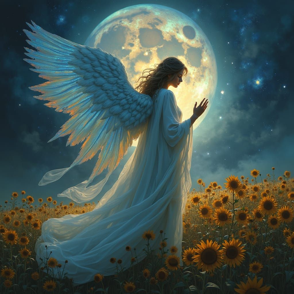 Celestial Being Weeping Starlight Tears on Sunflowers