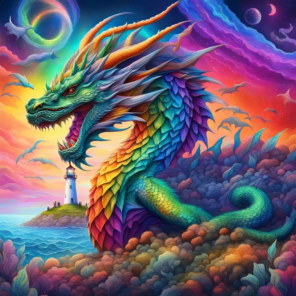 Rainbow Dragon and Lighthouse, Astral Illustration