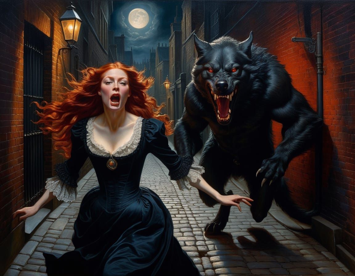 Victorian Woman Fleeing Werewolf in Dark Alley