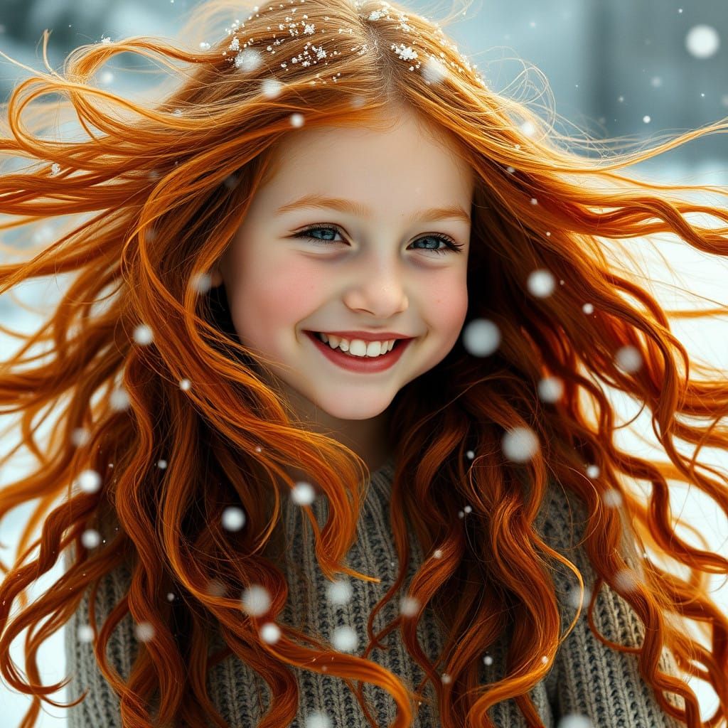 Joyful Girl in Whirlwind of Snowflakes