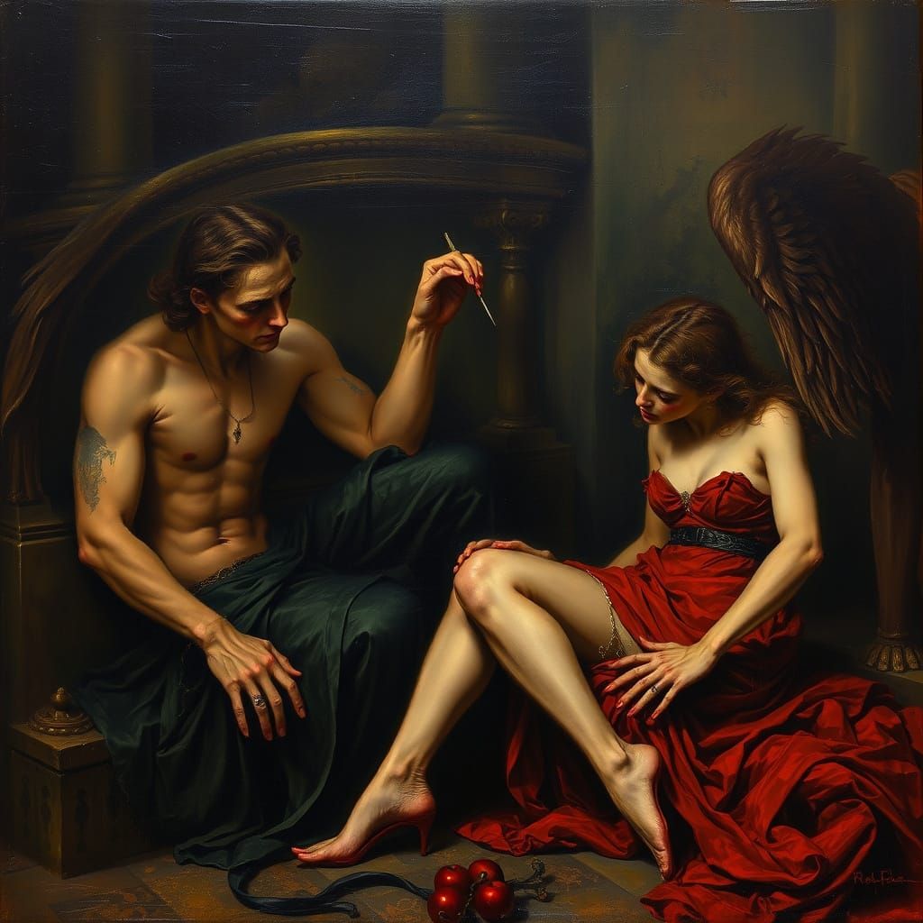 Dark Allegory Oil Painting with Chiaroscuro Lighting