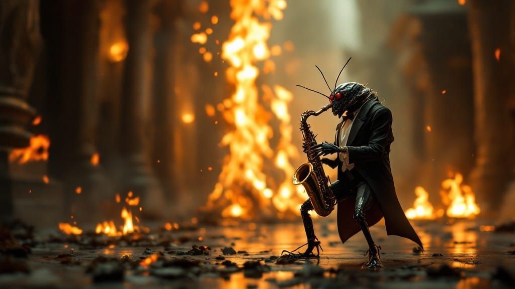 Cockroach Saxophonist in Burning Baroque, Intense Contrast