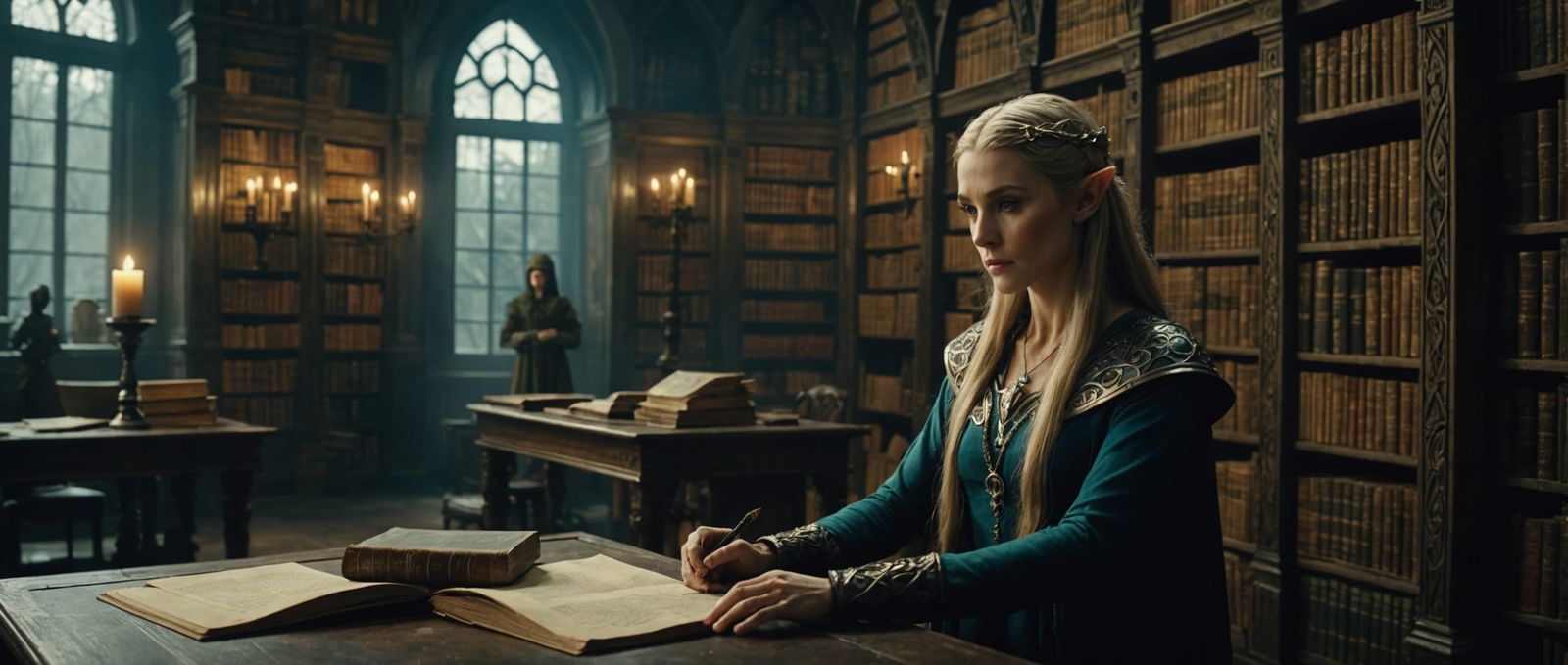 Elven Sorceress in Ancient Library, Cinematic Still
