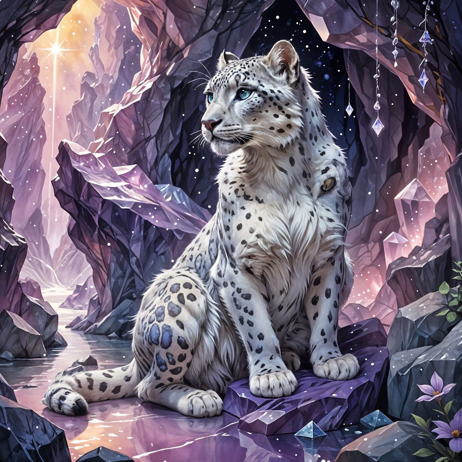 Anime Snow Leopard in Crystal Cave with Starlight Gown