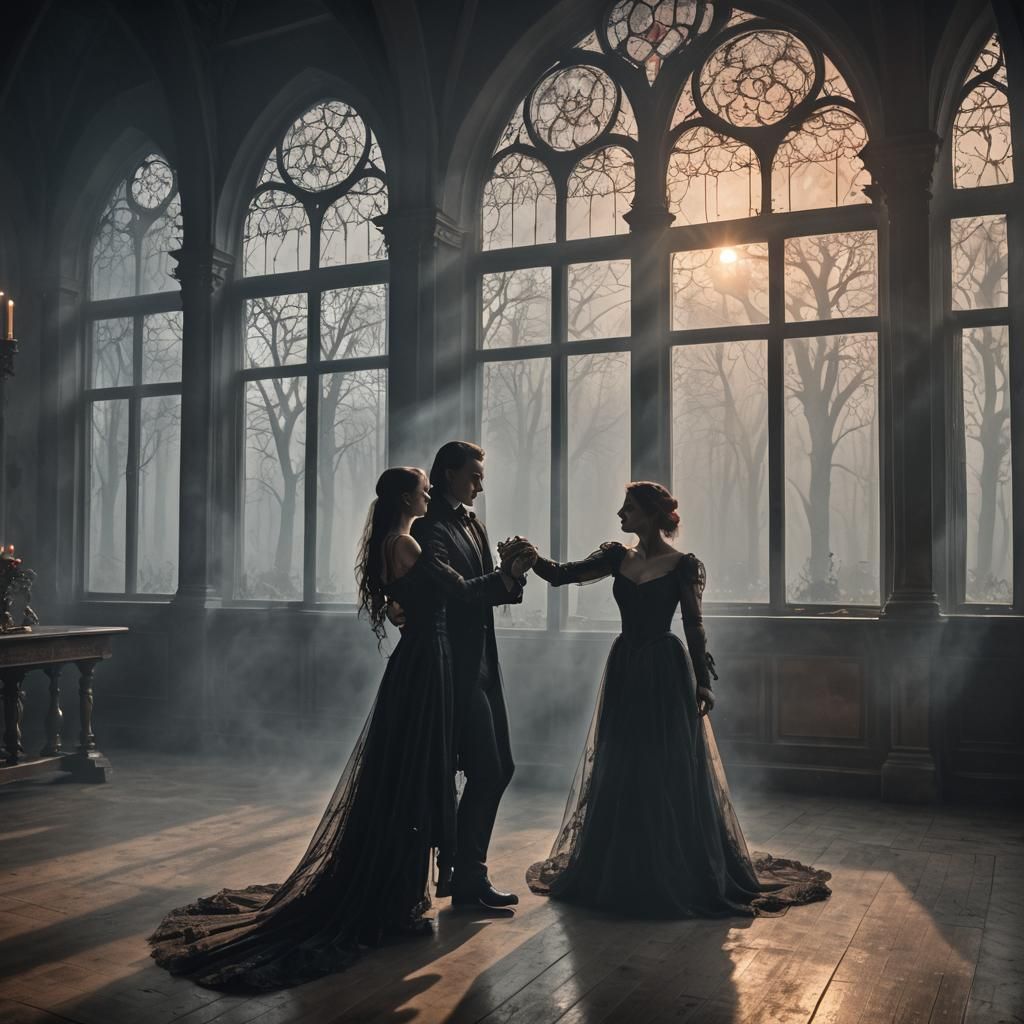 Vampire Couple Dancing in Candlelit Ballroom