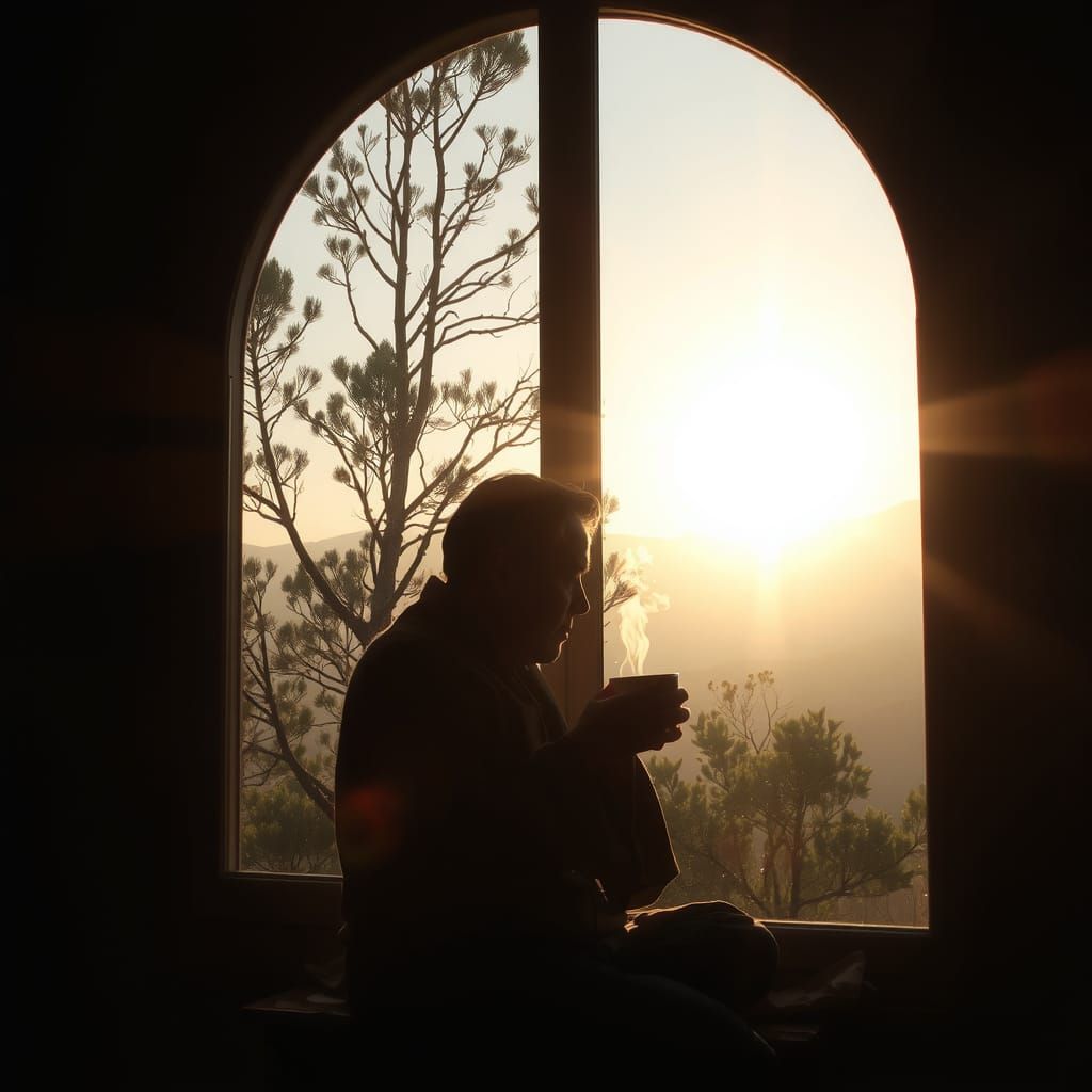 Sacred Dawn: Figure by Arched Window with Cup