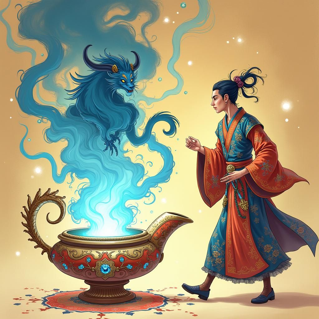 Regal Blue Djinn in Anime Key Visual Style