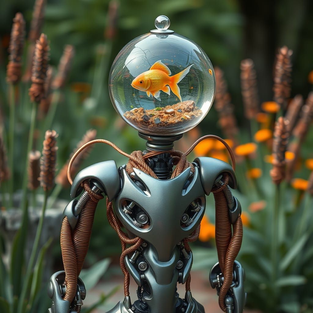 Futuristic Robot in Garden: Biomechanical Art