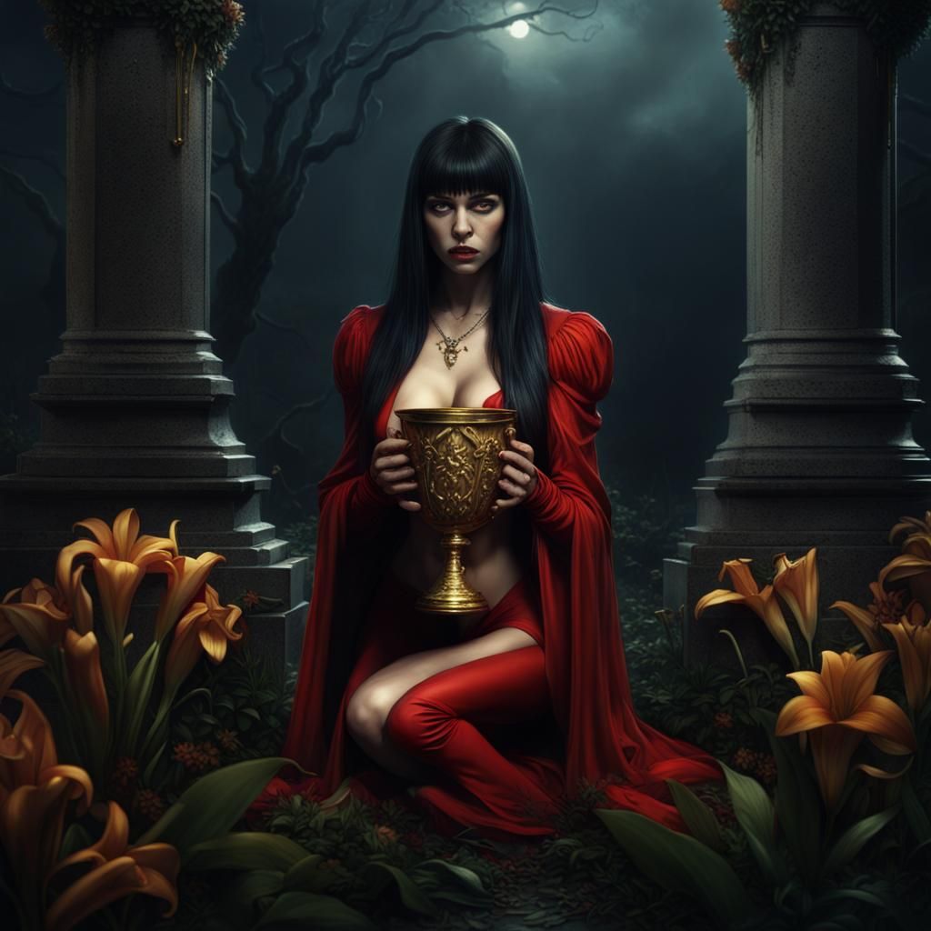 Vampirella Crouched on Grave with Golden Chalice