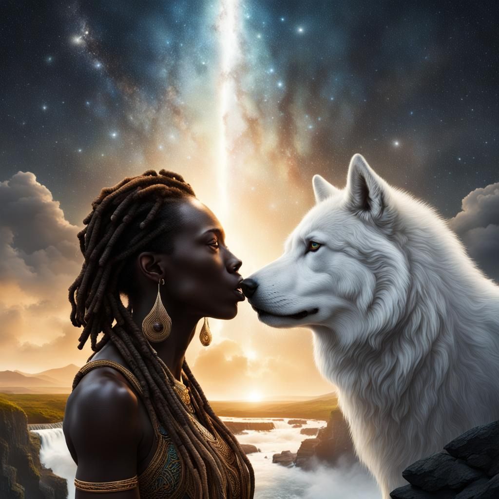 Couple Kissing Wolf Under Twin Suns