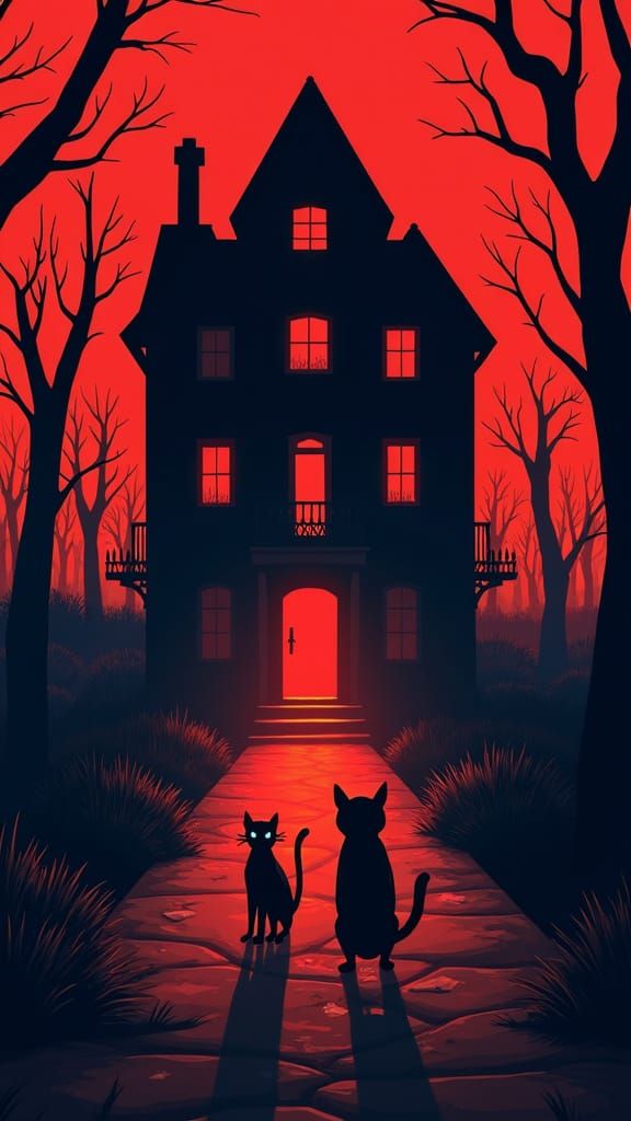 Cat and Dog Explore Haunted House in Anime Style