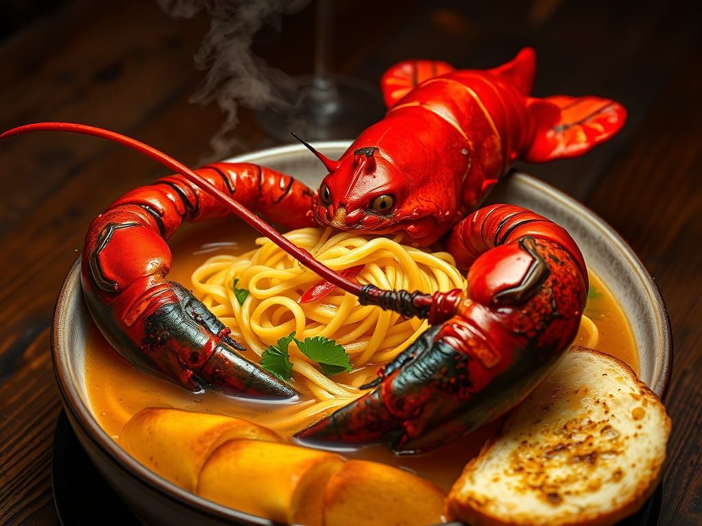 Spicy Lobster Noodle Soup in Hyperrealism Style