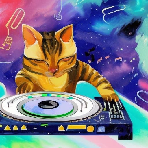 Cat DJ in Space: Gouache Watercolor Masterpiece