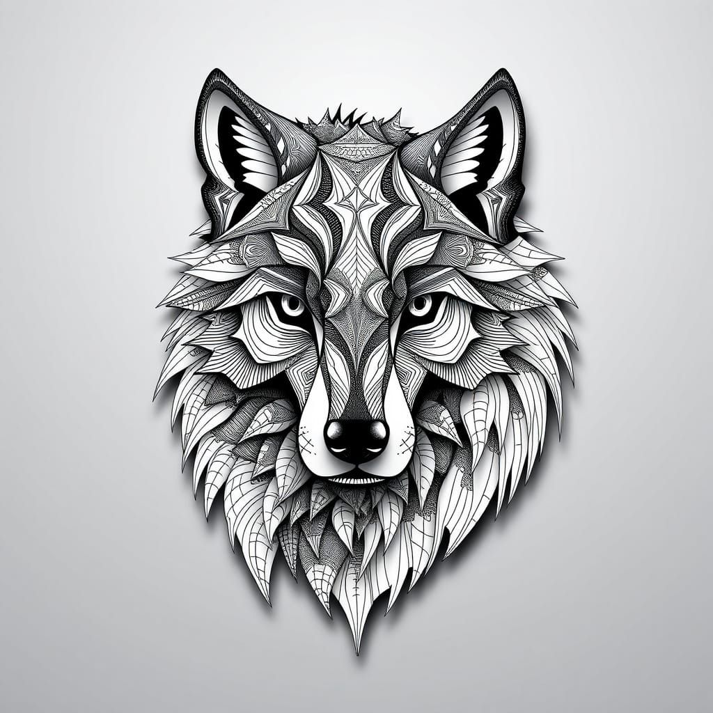 Symmetrical Geometric Wolf Head in Black and White