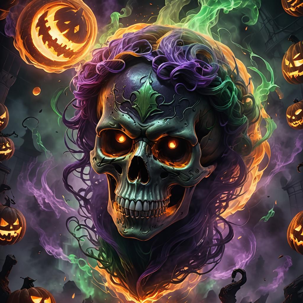 Eerie Skull Rising from Smoke with Jack-o-Lantern