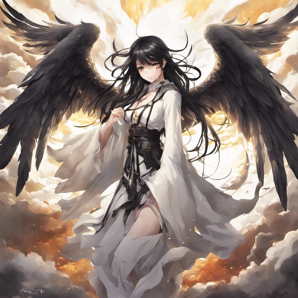 Anime Style Black Haired Angel Woman Portrait