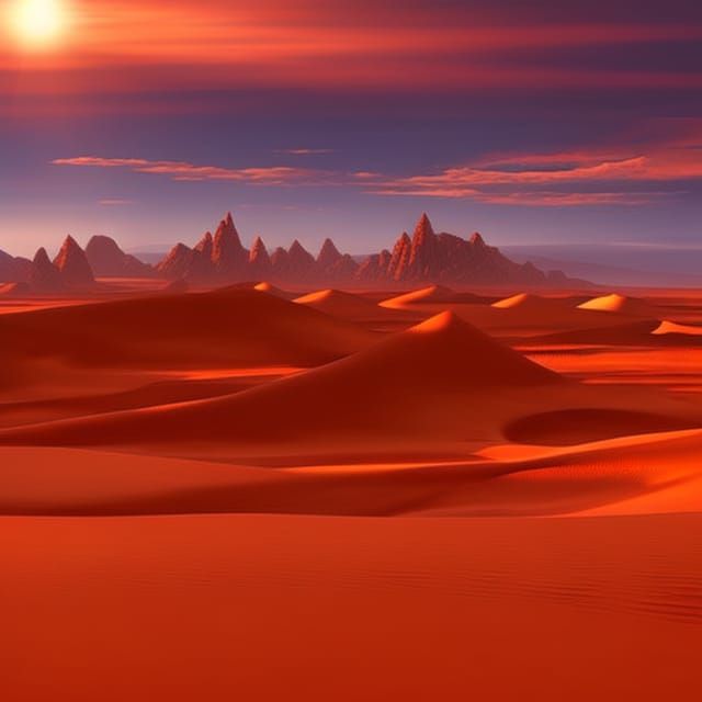 Alien Desert Sunset with Red Sand Dunes