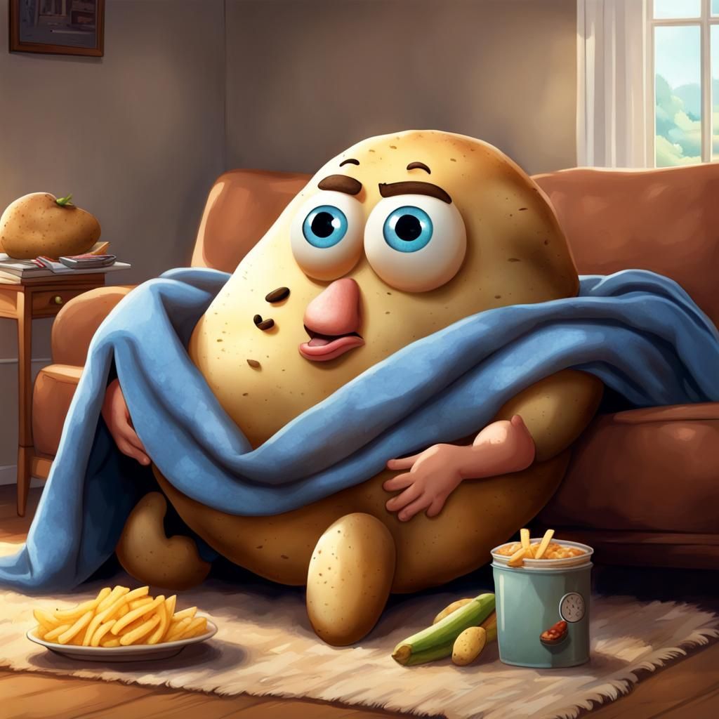 Humanlike Potato Relaxing on Sofa in Pixar Style