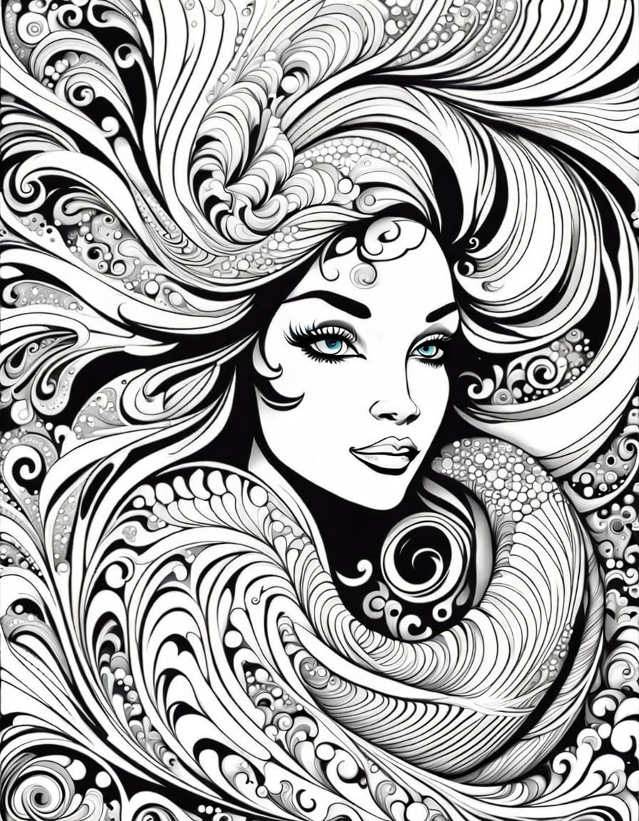 Mermaid Portrait in Black and White Line Art