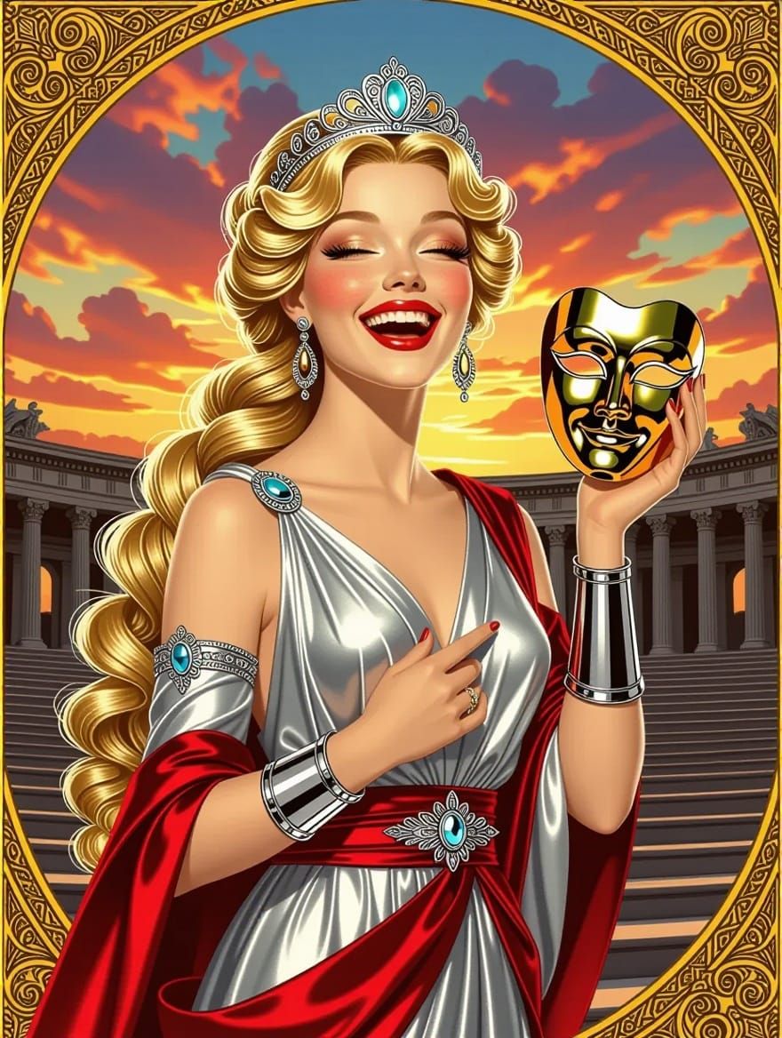 Ethereal Goddess of Comedy in Majestic Art Nouveau Style
