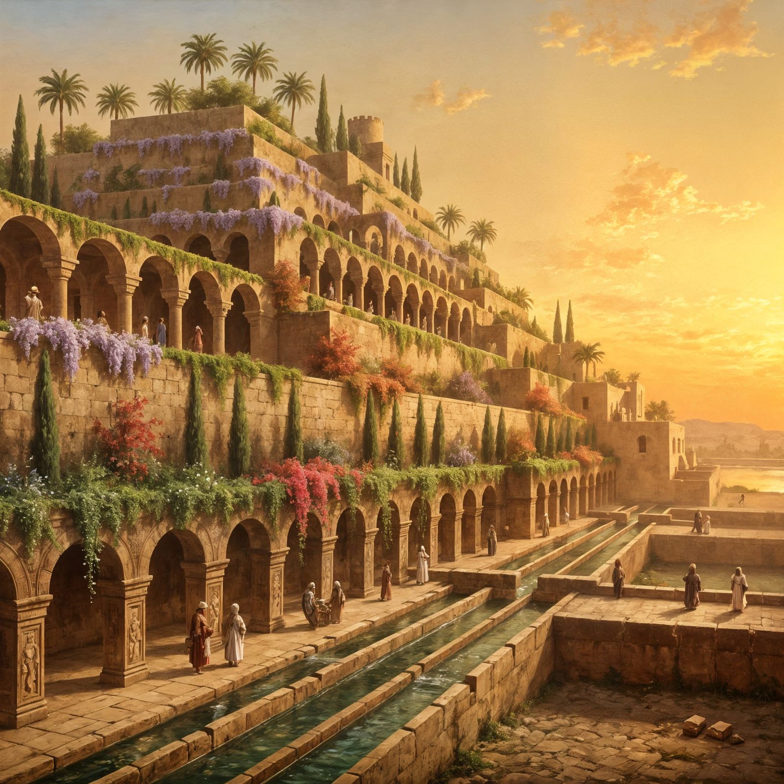 Luminous Oil Painting of Babylonian Hanging Gardens at Sunse...