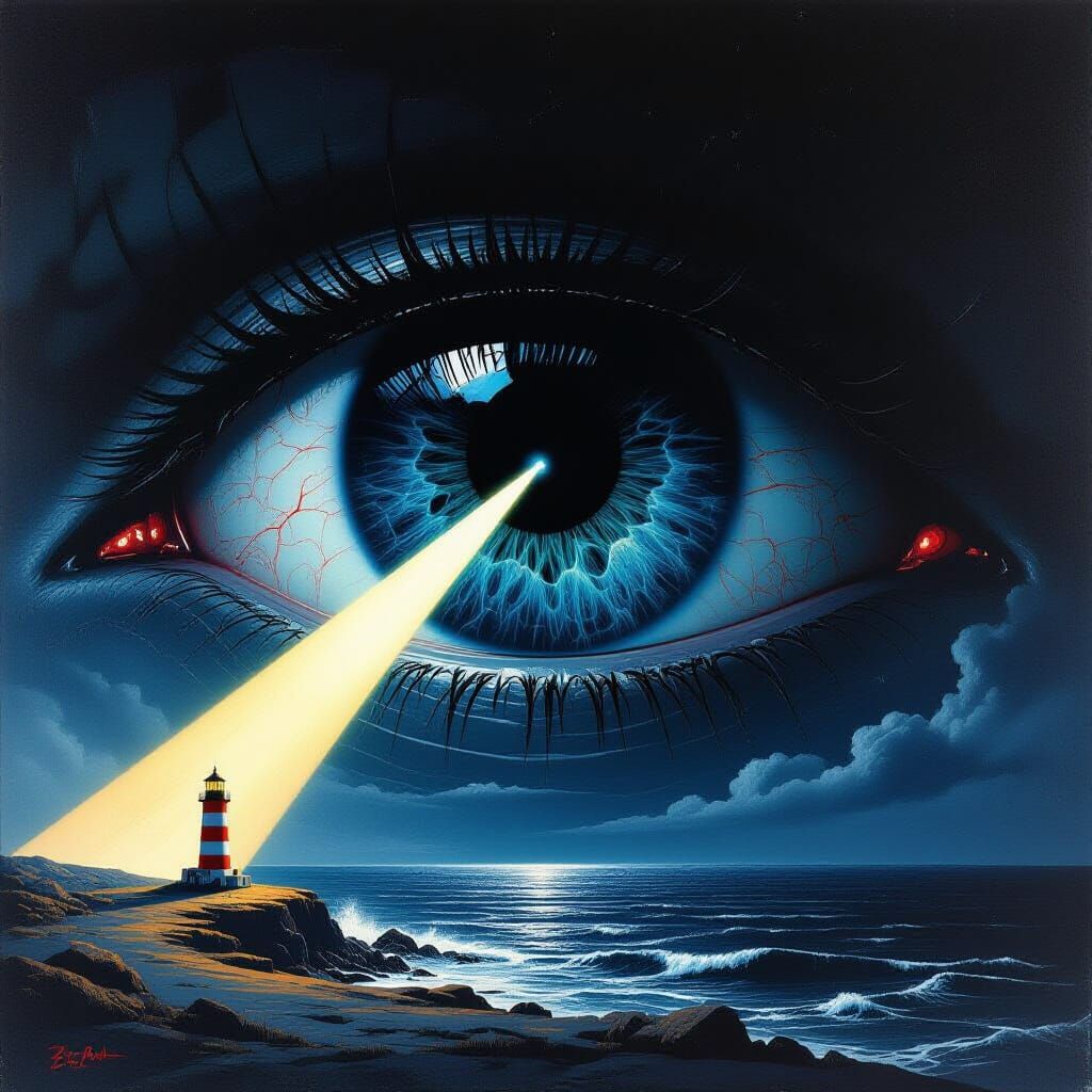 Surreal Eye with Ominous Sea, Dark Fantasy Art