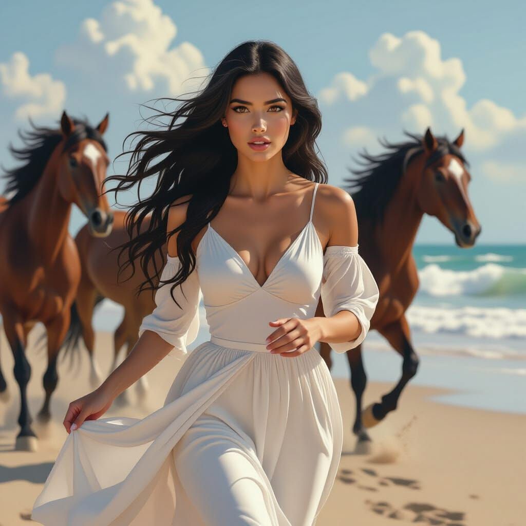 Princess Running With Wild Horses on Beach