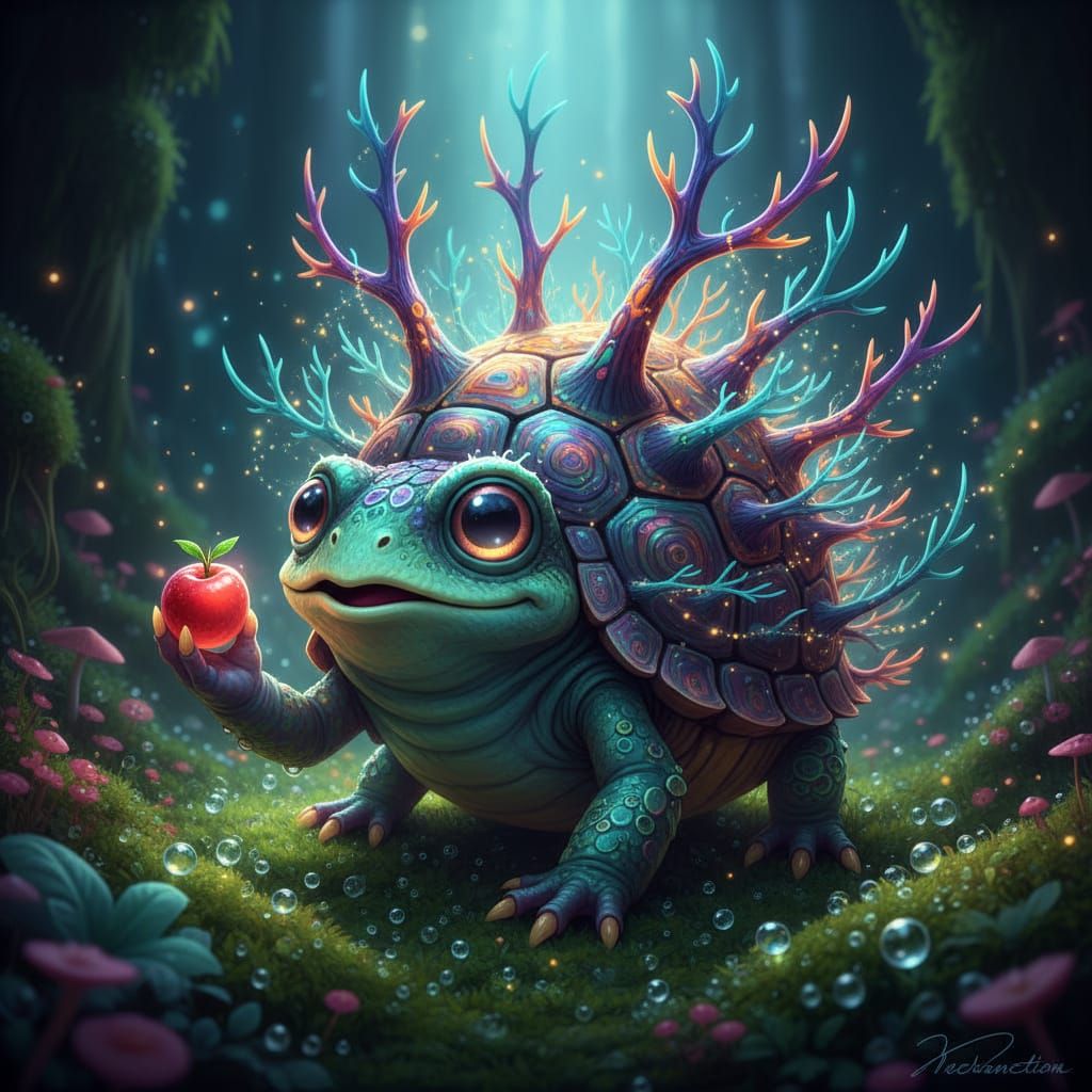 Murex Frog-Tortoise Creature with Antlered Shell Holds Berry