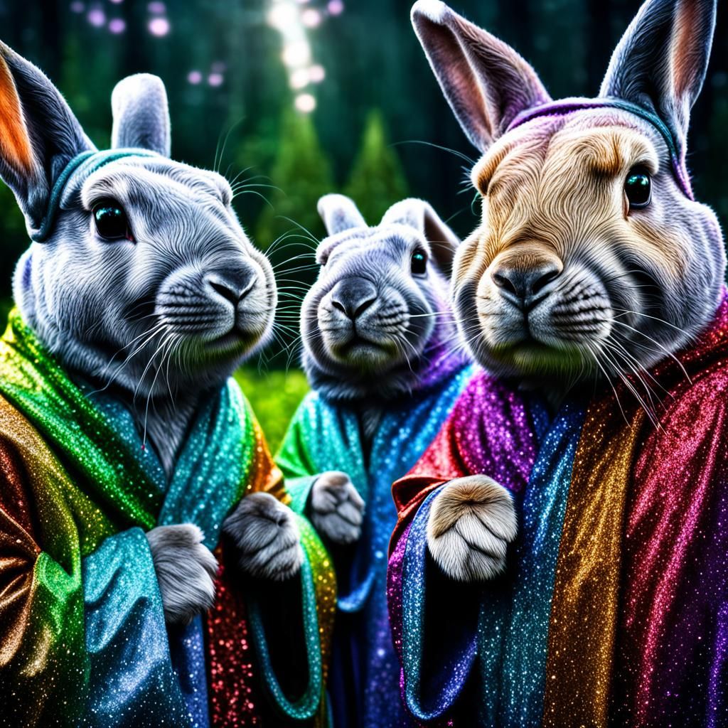 Rainbow Glitter Bunnies in Druid Robes