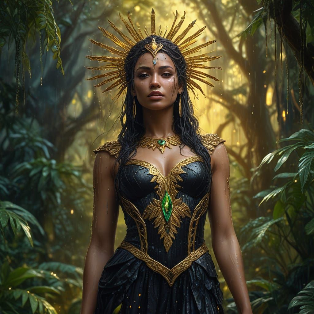Nemesis Goddess in Rainforest: Oil Painting Style