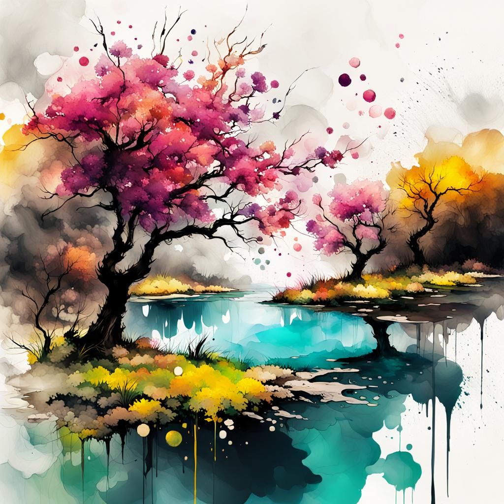 Blossom Trees Alcohol Ink Landscape Illustration
