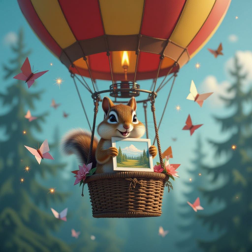 Woodland Creature Holding Mixed Media Art In Hot Air Balloon