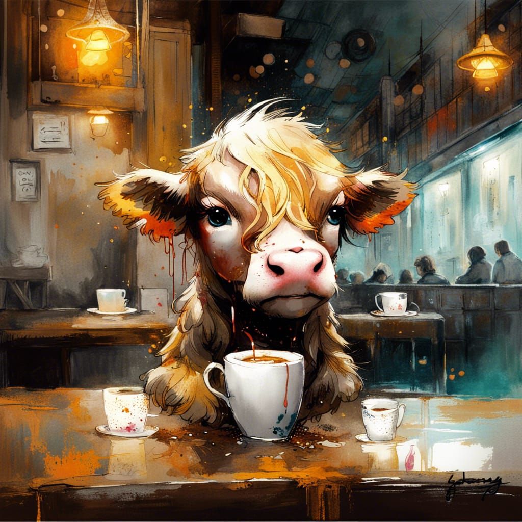 Chibi Calf Drinks Coffee, Vibrant Digital Painting