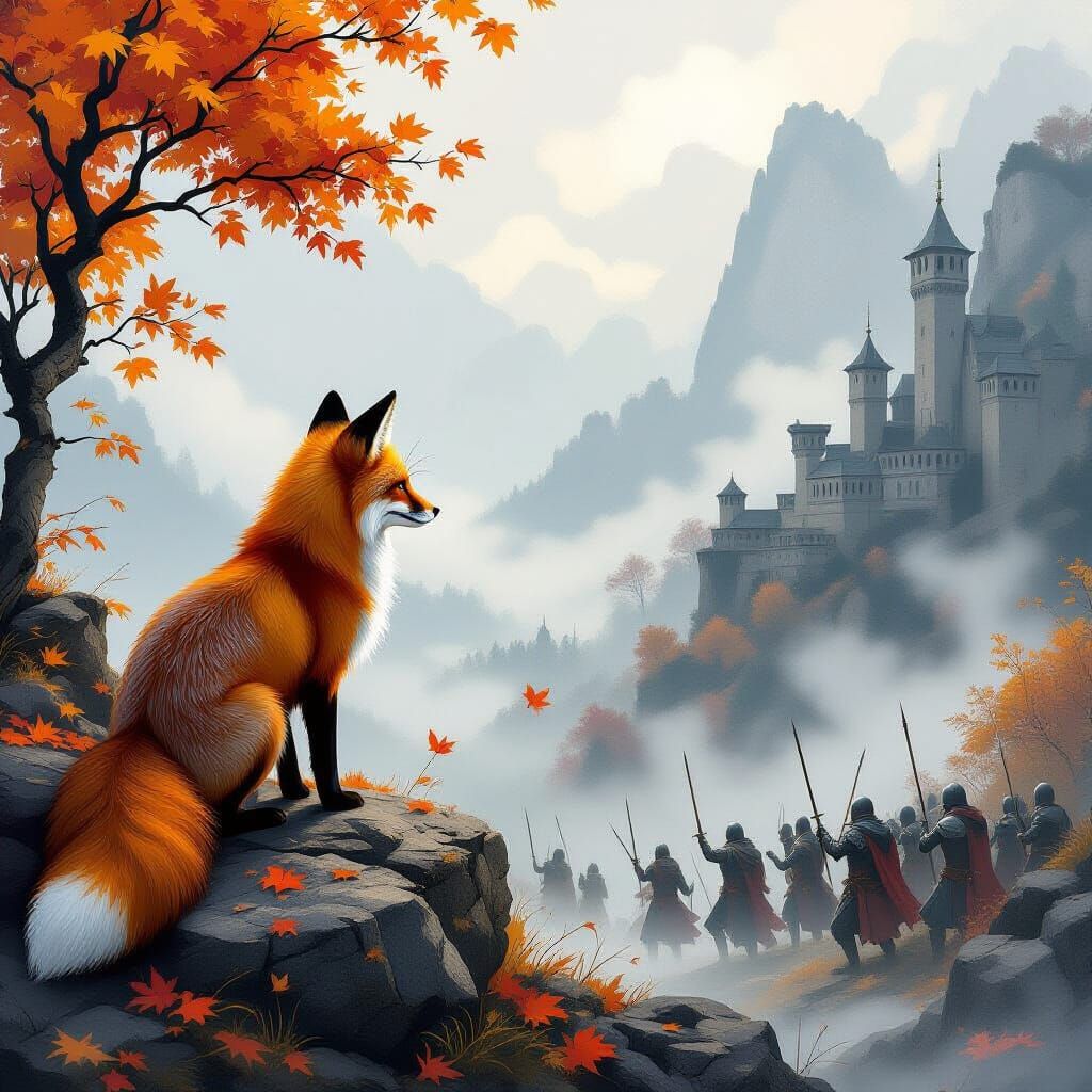 Fox Overlooks Knight Battle in Fantasy Concept Art
