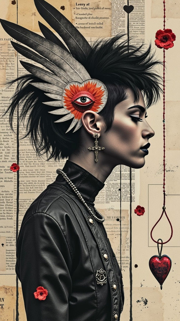 Punk Icon with Geometric Wings in Photogram Style