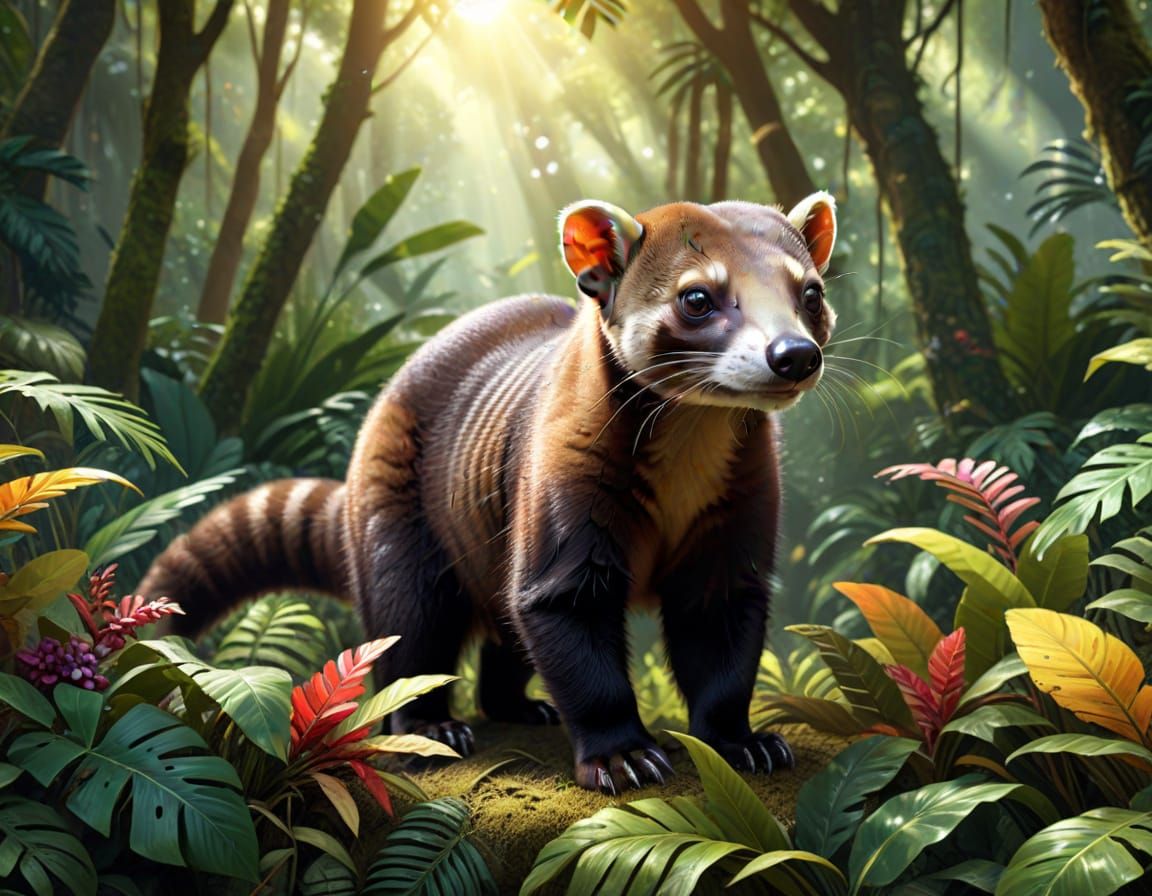 White-Nosed Coati Foraging in Tropical Forest