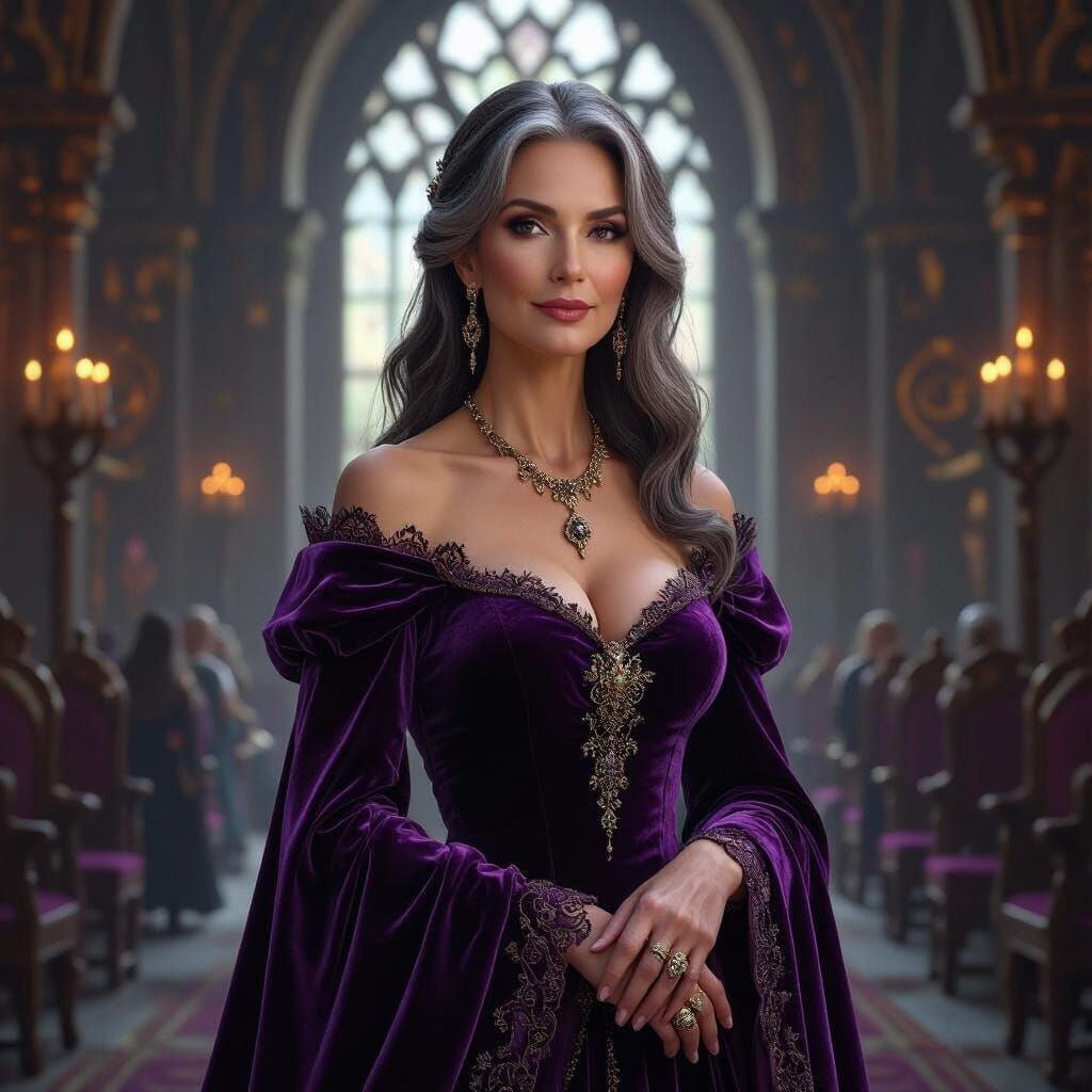 Regal Woman in Purple Gown in Medieval Castle