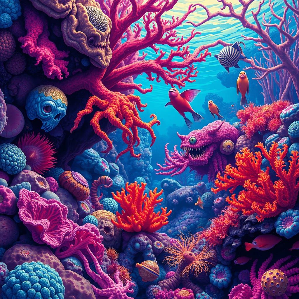 Bosch-Inspired Creatures in Melting Candy Art Coral Reef