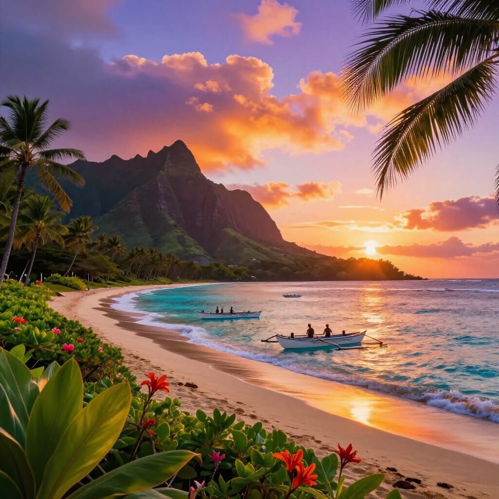 Hawaiian Beach Sunset Panorama with Volcanic Mountains
