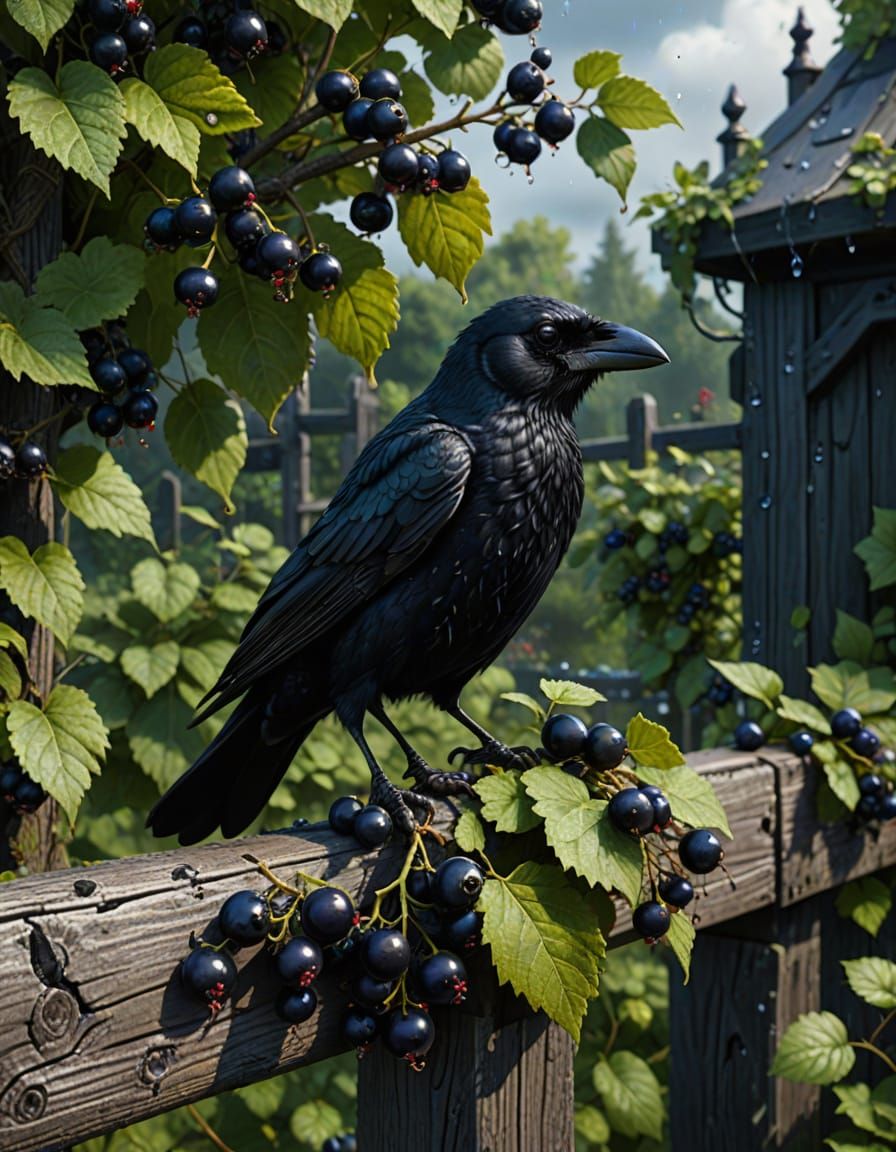 Vibrant Overgrown Garden Scene with Blackcurrant Bush and Cr...