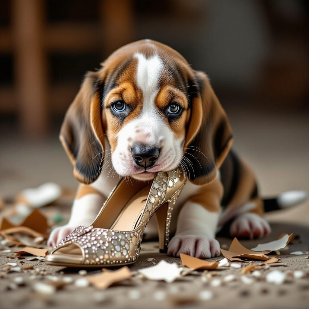 Basset Hound Puppy Destroys High Heel Shoe