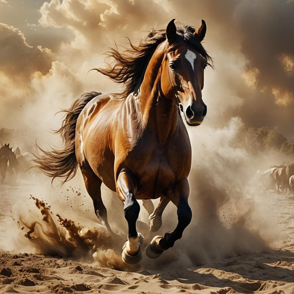 Energetic Horse in Smoky Field: Digital Splash Art