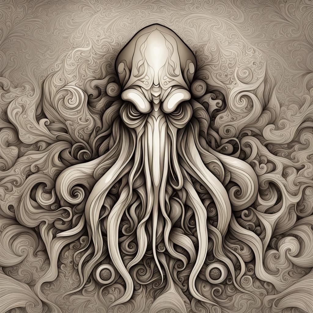 Cthulhu in Rupestrian Art Style with Zentangle