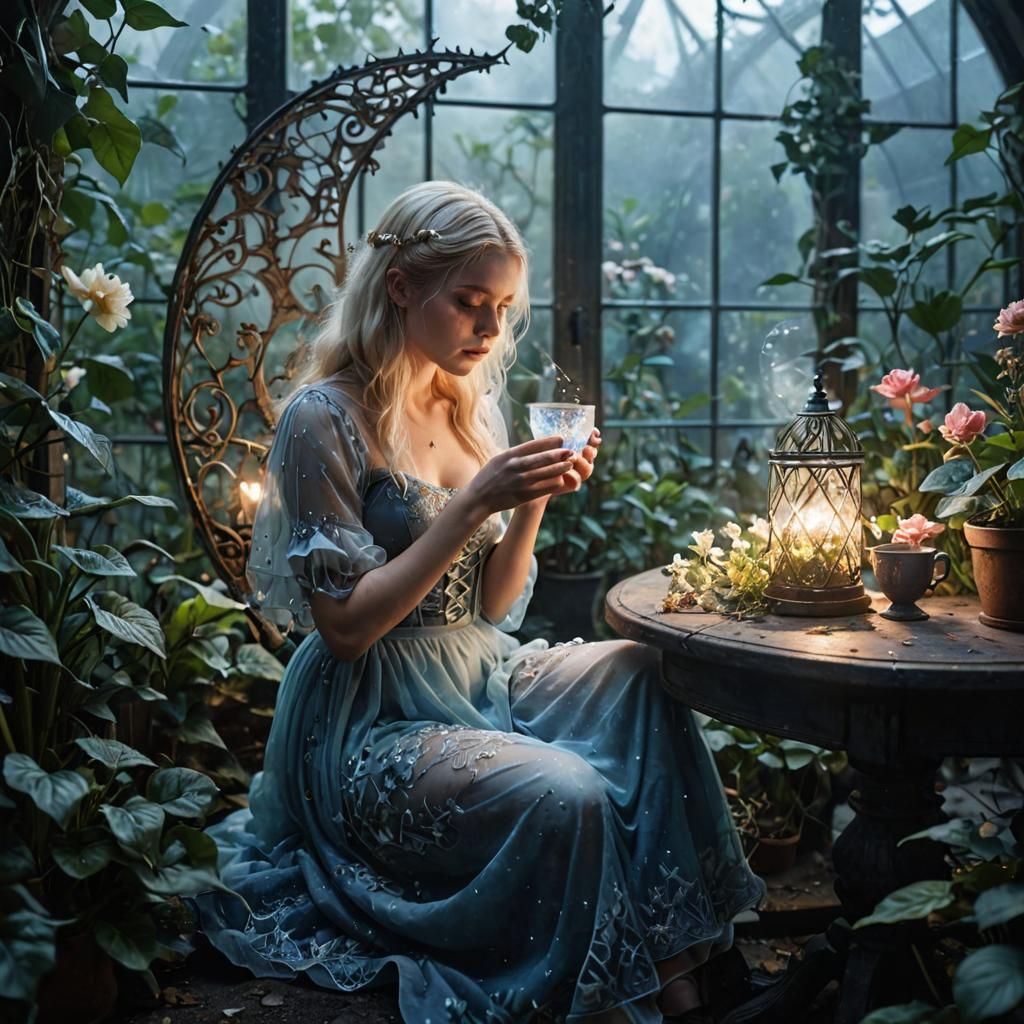 Enchanting Witch in Greenhouse: Dark Fantasy Illustration